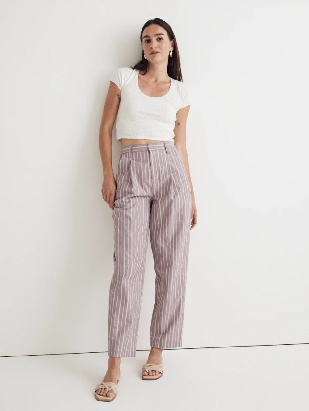 NWT Madewell Pleated Tapered-Leg Pants Poplin Striped antique purple Size 10